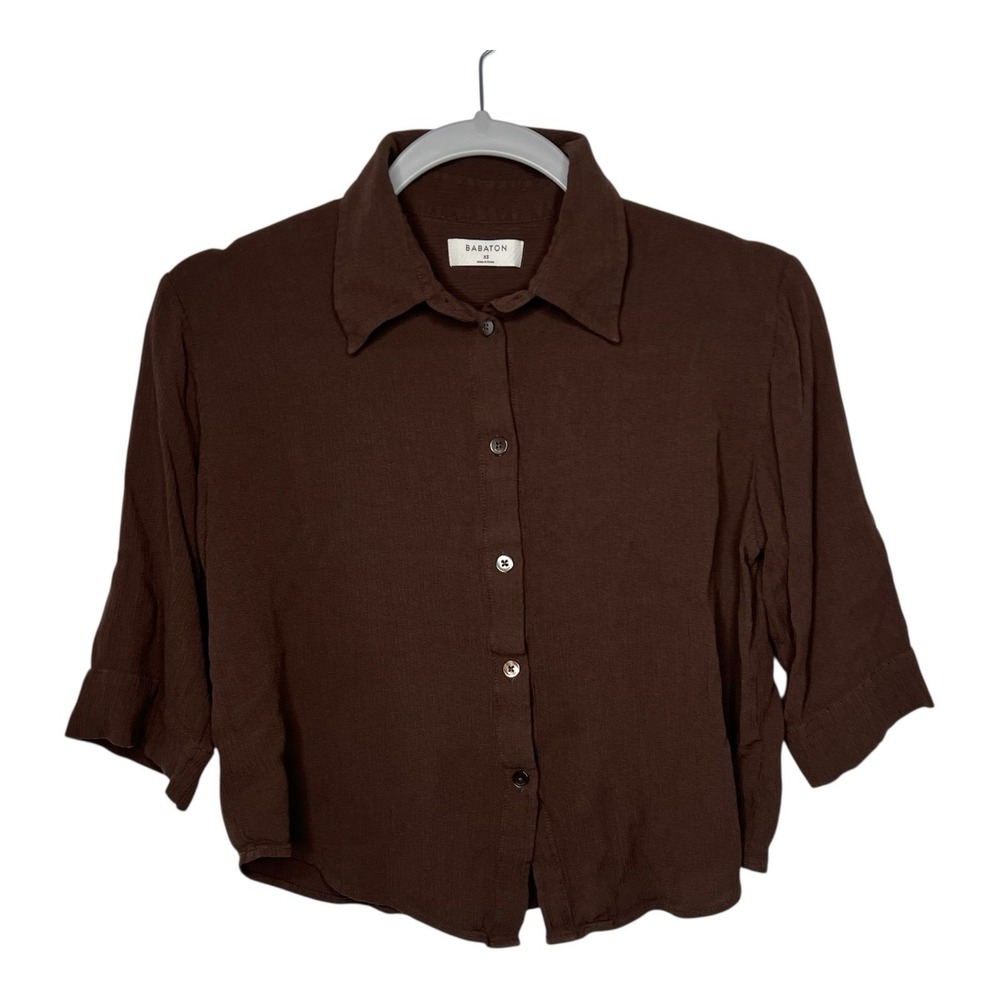 Babaton Top Womens XS Brown Button Up Crinkle Collared Casual Viscose Shirt